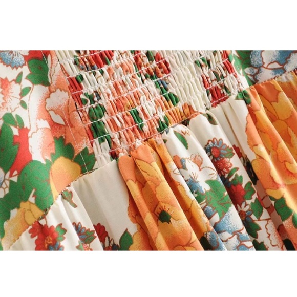 Boho Orange Floral Print Wide Sleeve Smocked Dress - Picture 4 of 5